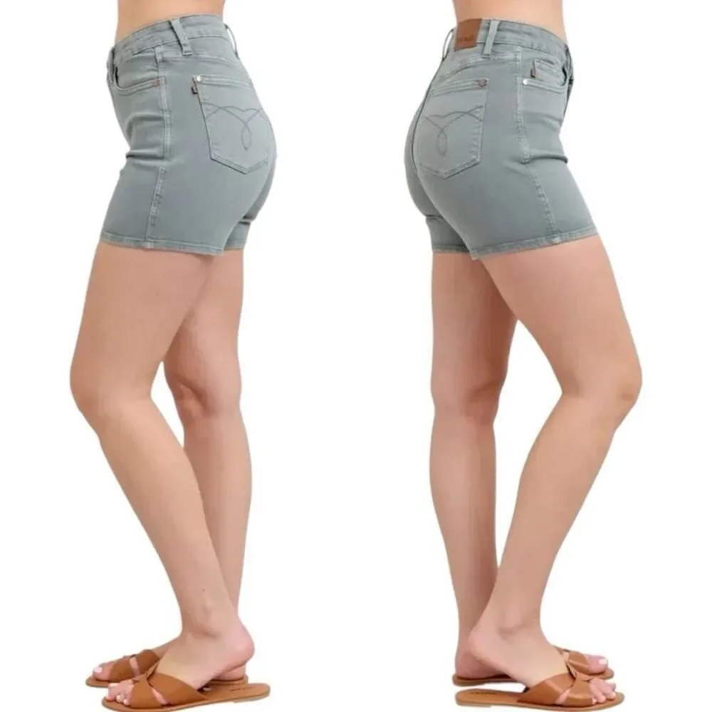 Judy Blue High Rise Stretch Denim Garment Dyed Shorts - Sage Green Large NWT